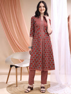 Front Slit Motifs A-Line Printed Kurta With Pant & Dupatta, Maroon - Hiral Fashion | Grocsy