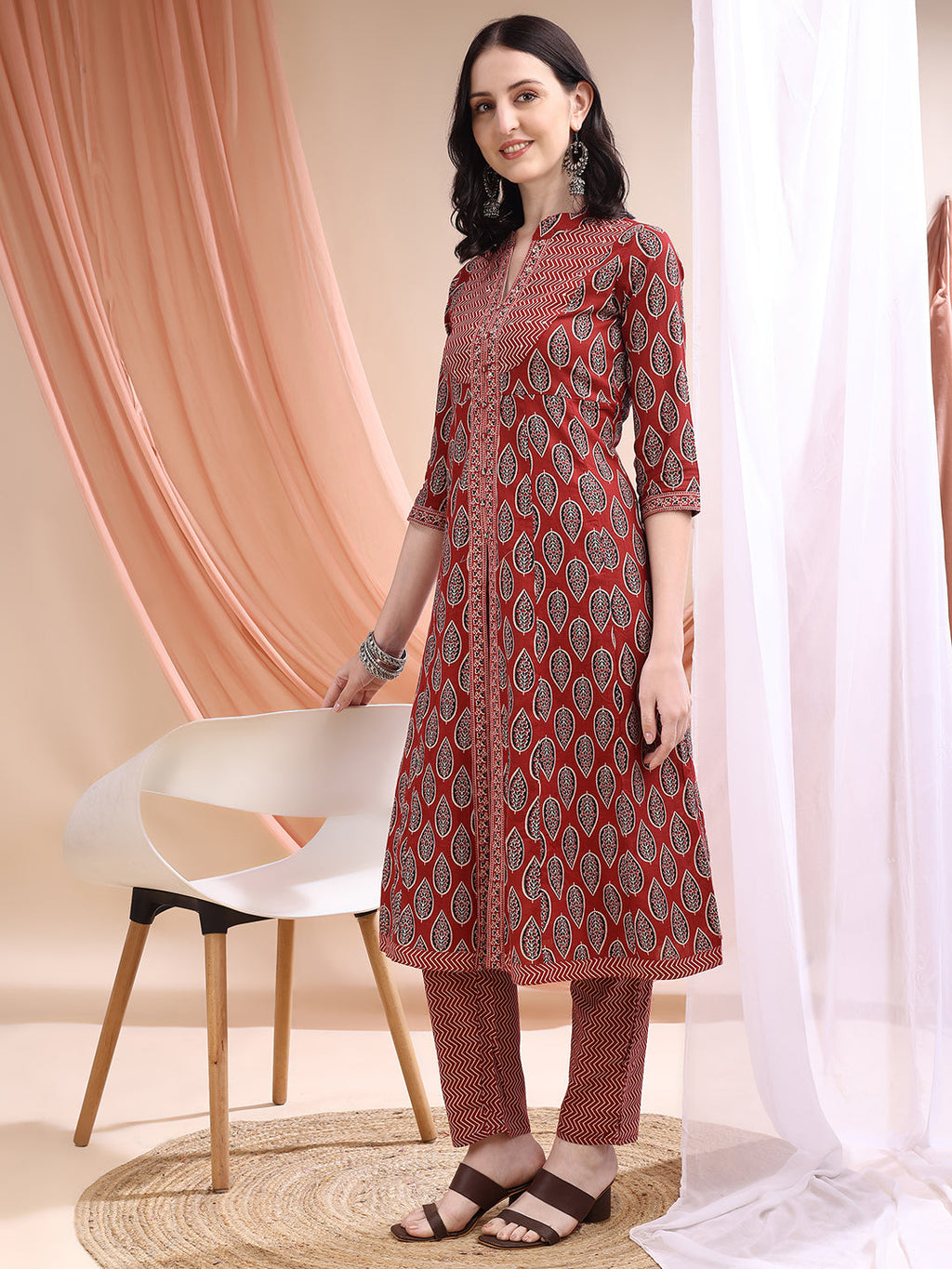 Front Slit Motifs A-Line Printed Kurta With Pant & Dupatta, Maroon - Hiral Fashion | Grocsy