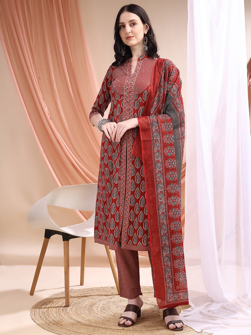 Front Slit Motifs A-Line Printed Kurta With Pant & Dupatta, Maroon - Hiral Fashion | Grocsy