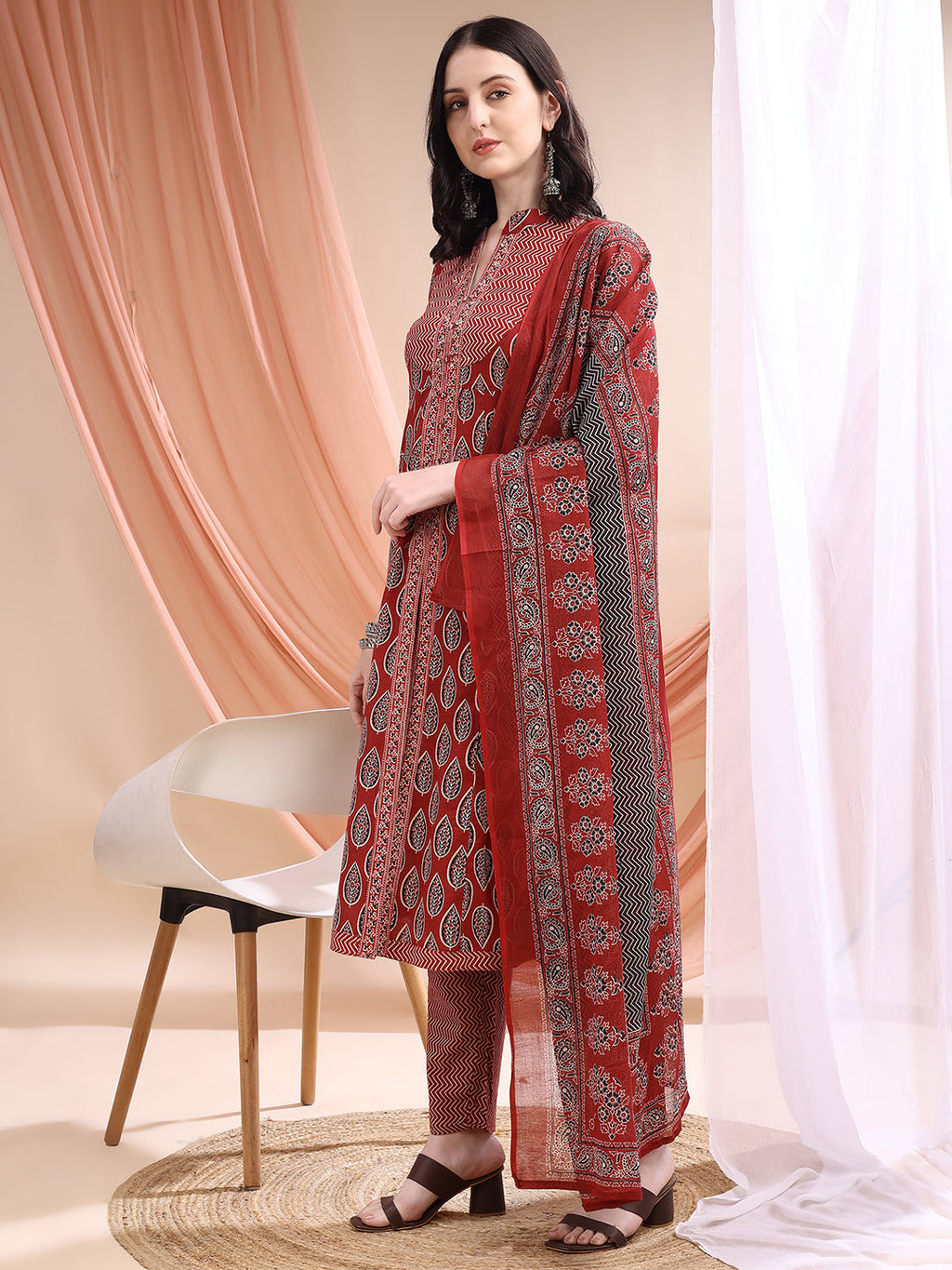 Front Slit Motifs A-Line Printed Kurta With Pant & Dupatta, Maroon - Hiral Fashion | Grocsy