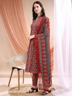 Front Slit Motifs A-Line Printed Kurta With Pant & Dupatta, Maroon - Hiral Fashion | Grocsy