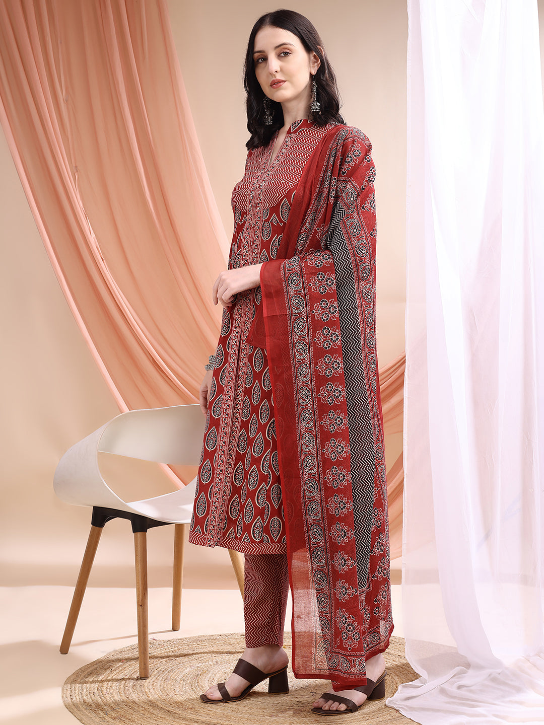 Front Slit Motifs A-Line Printed Kurta With Pant & Dupatta, Maroon - Hiral Fashion | Grocsy