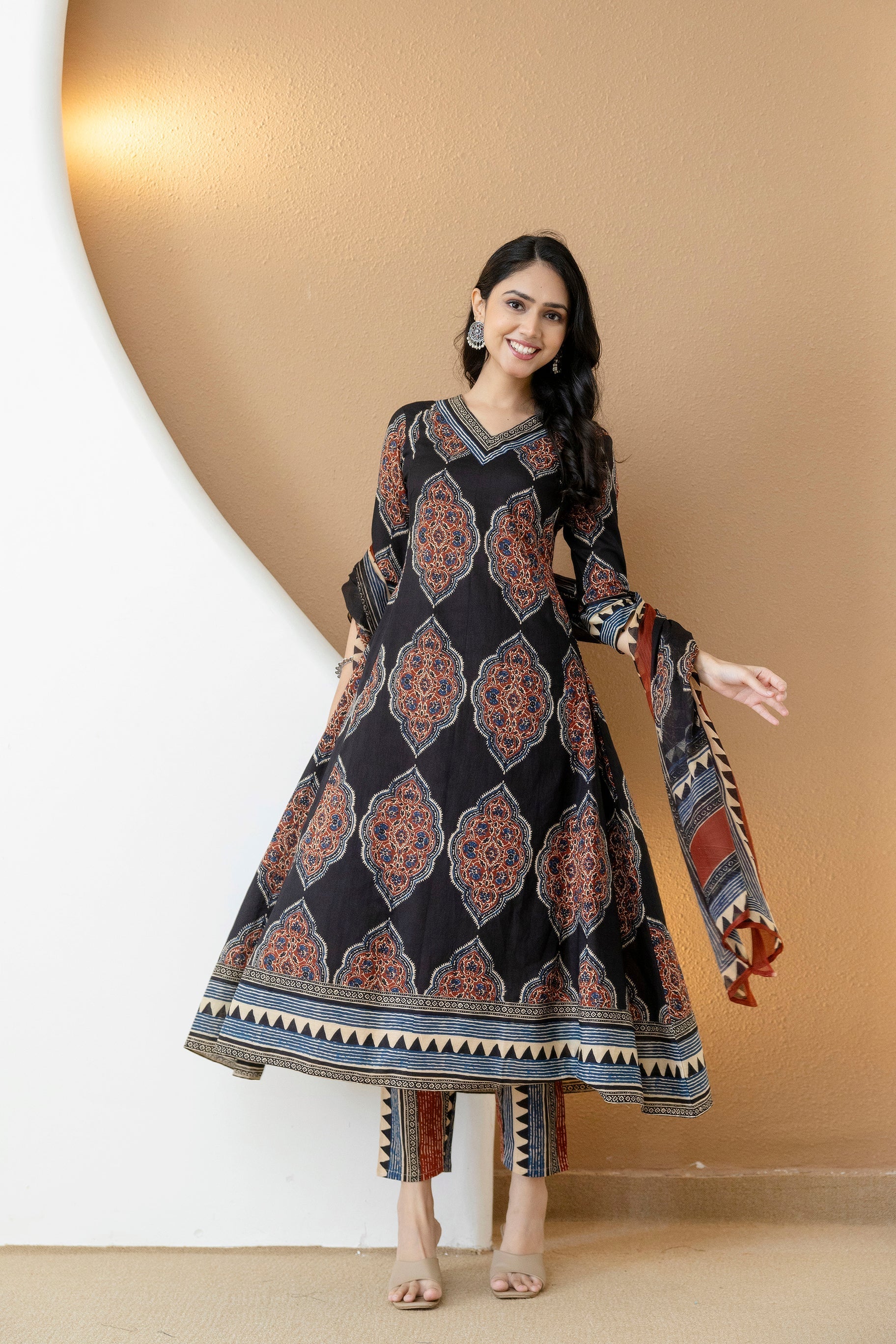 Ethnic Motif Printed Anarkali Kurta Set With Matching Pants & Dupatta, Black - Hiral Fashion | Grocsy