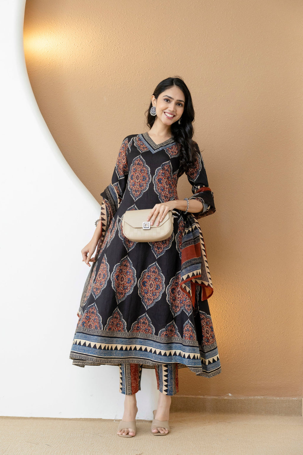 Ethnic Motif Printed Anarkali Kurta Set With Matching Pants & Dupatta, Black - Hiral Fashion | Grocsy