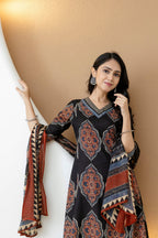 Ethnic Motif Printed Anarkali Kurta Set With Matching Pants & Dupatta, Black - Hiral Fashion | Grocsy