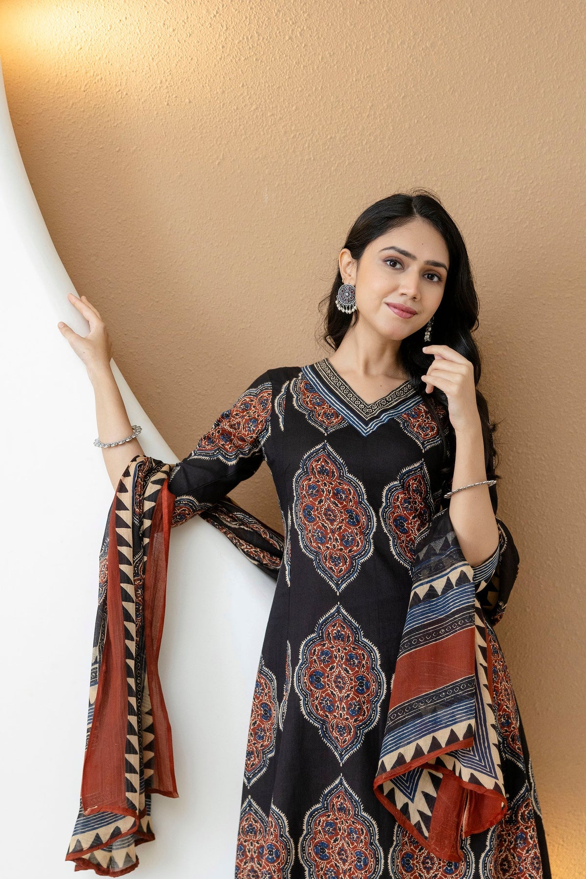 Ethnic Motif Printed Anarkali Kurta Set With Matching Pants & Dupatta, Black - Hiral Fashion | Grocsy