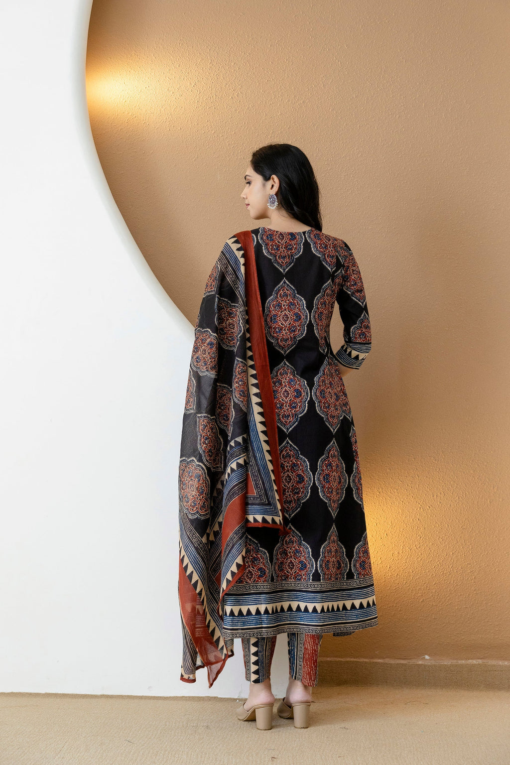 Ethnic Motif Printed Anarkali Kurta Set With Matching Pants & Dupatta, Black - Hiral Fashion | Grocsy