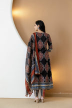 Ethnic Motif Printed Anarkali Kurta Set With Matching Pants & Dupatta, Black - Hiral Fashion | Grocsy