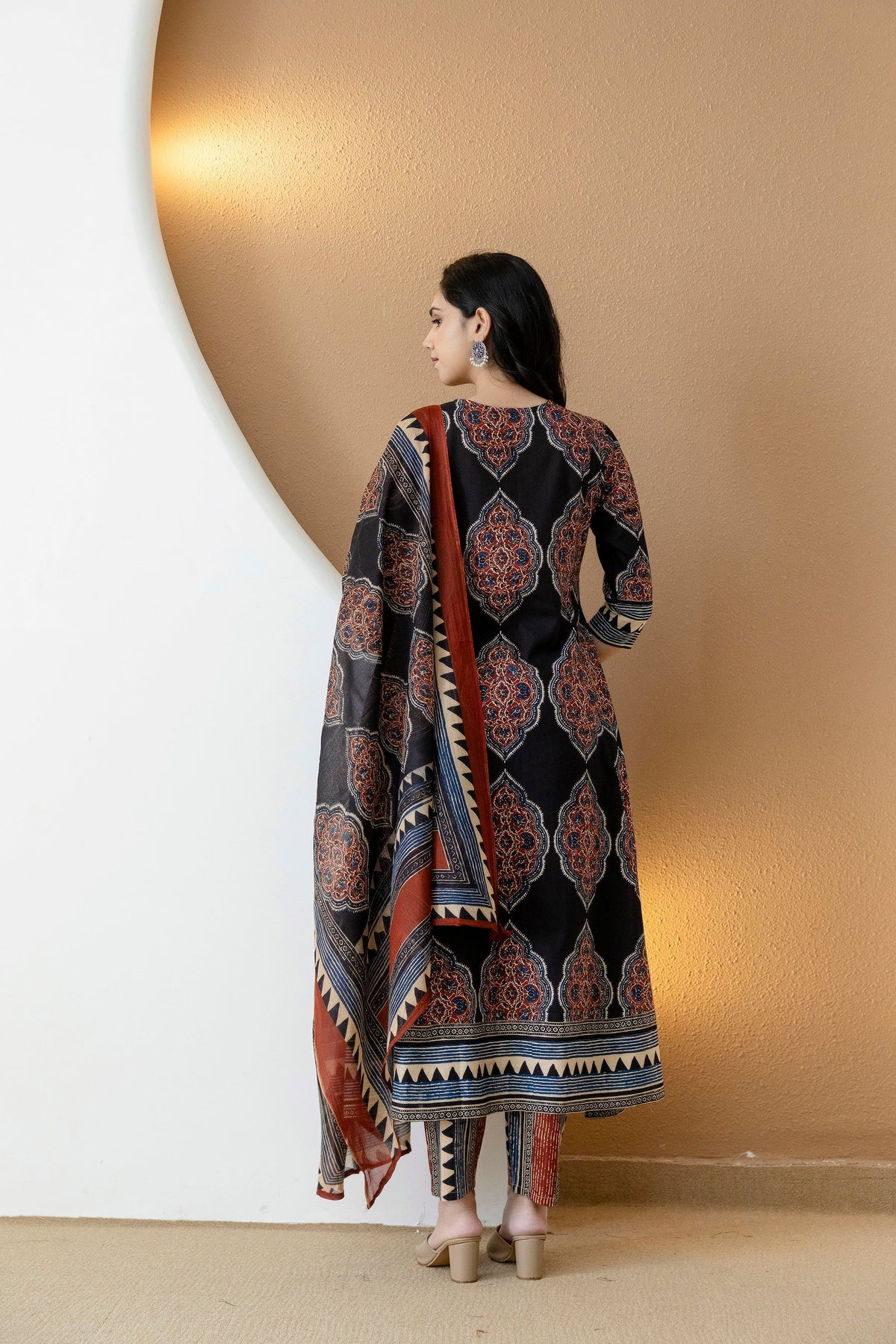 Ethnic Motif Printed Anarkali Kurta Set With Matching Pants & Dupatta, Black - Hiral Fashion | Grocsy