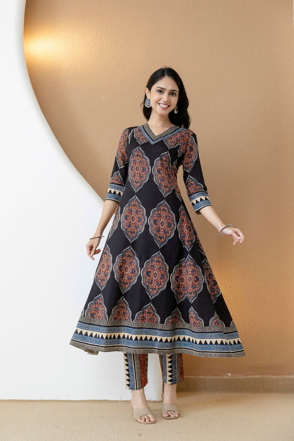 Ethnic Motif Printed Anarkali Kurta Set With Matching Pants & Dupatta, Black - Hiral Fashion | Grocsy
