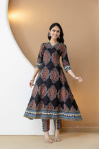 Ethnic Motif Printed Anarkali Kurta Set With Matching Pants & Dupatta, Black - Hiral Fashion | Grocsy