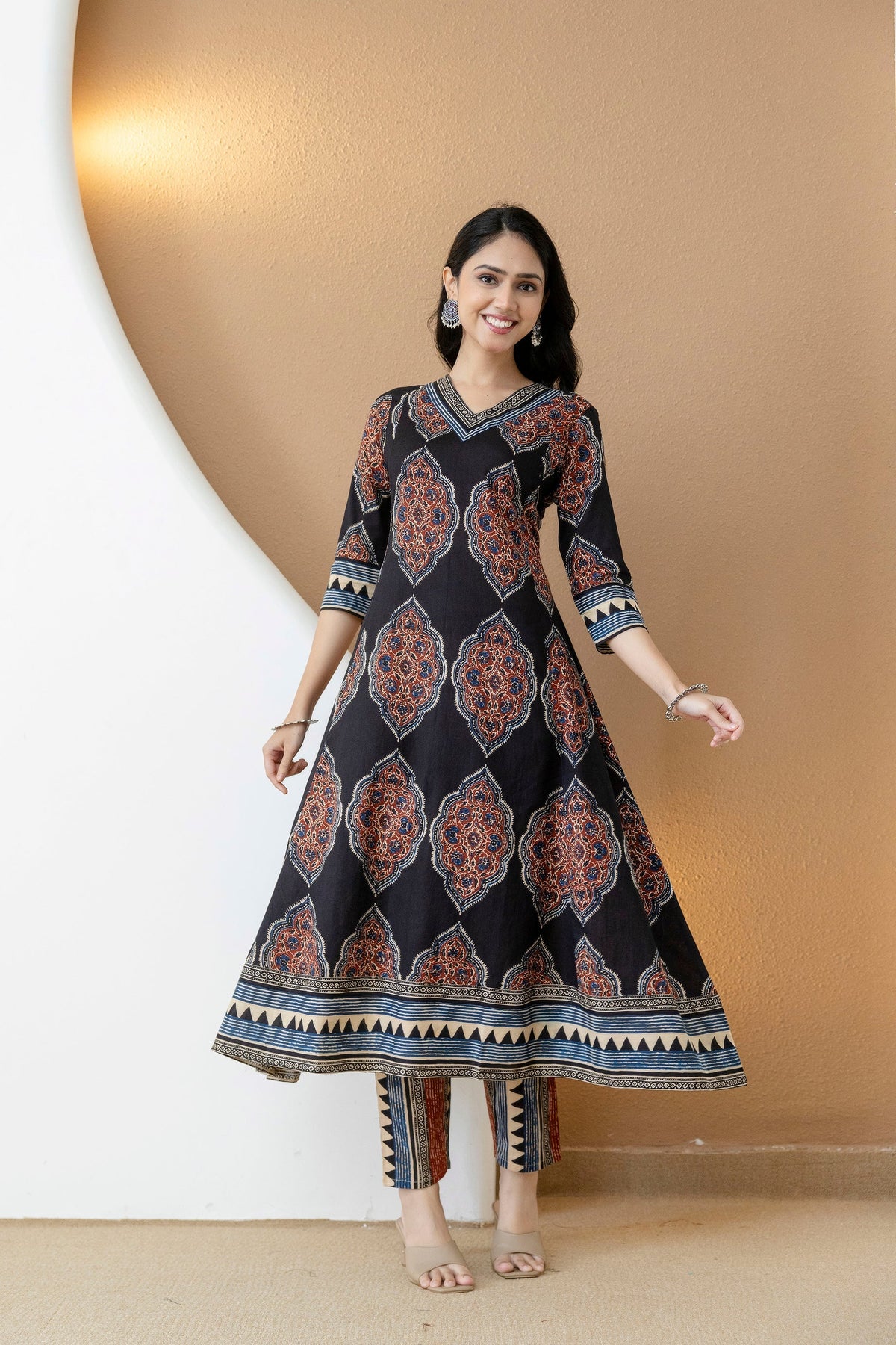 Ethnic Motif Printed Anarkali Kurta Set With Matching Pants & Dupatta, Black - Hiral Fashion | Grocsy