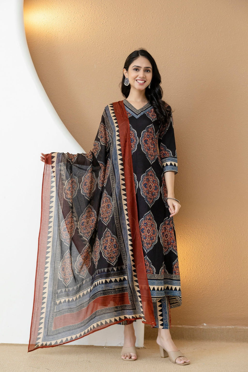 Ethnic Motif Printed Anarkali Kurta Set With Matching Pants & Dupatta, Black - Hiral Fashion | Grocsy