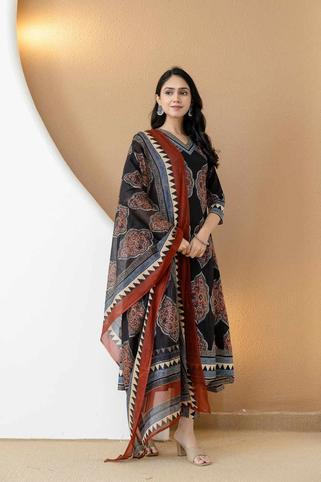 Ethnic Motif Printed Anarkali Kurta Set With Matching Pants & Dupatta, Black - Hiral Fashion | Grocsy