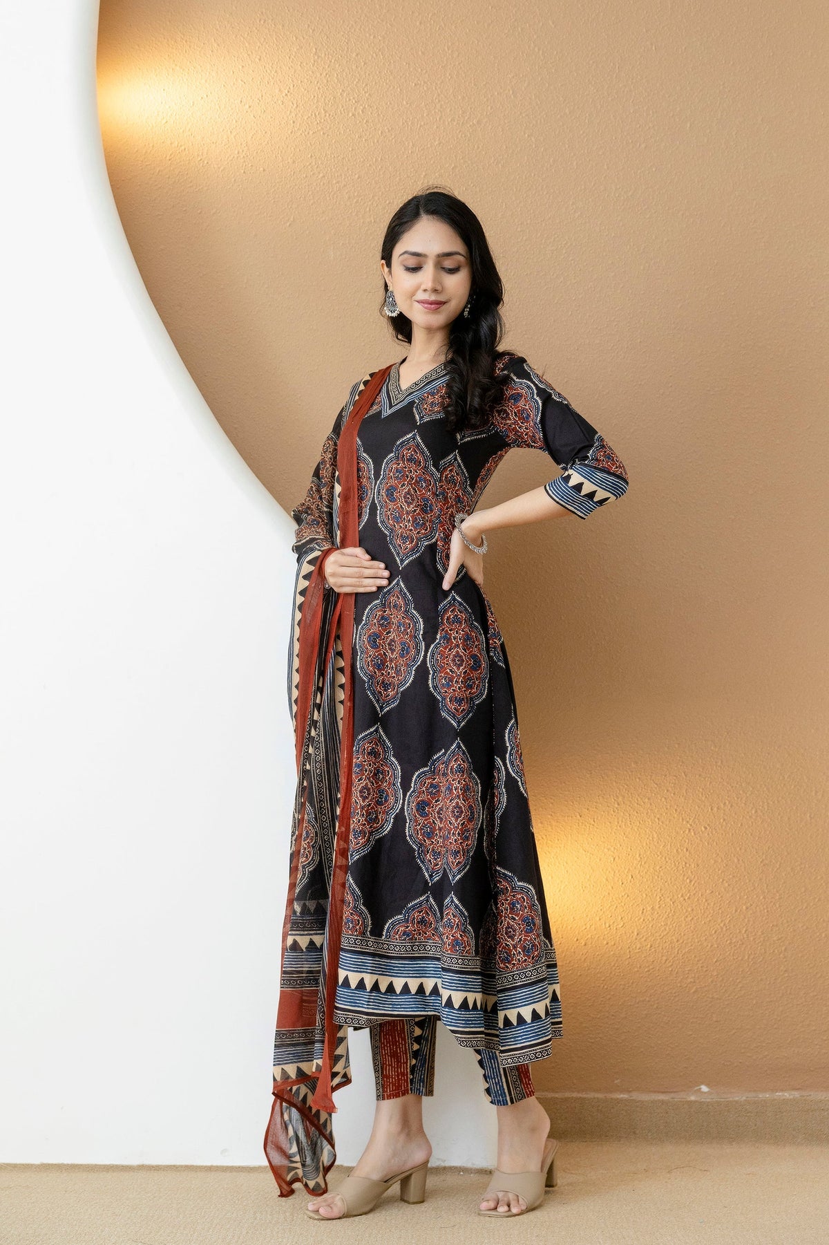 Ethnic Motif Printed Anarkali Kurta Set With Matching Pants & Dupatta, Black - Hiral Fashion | Grocsy
