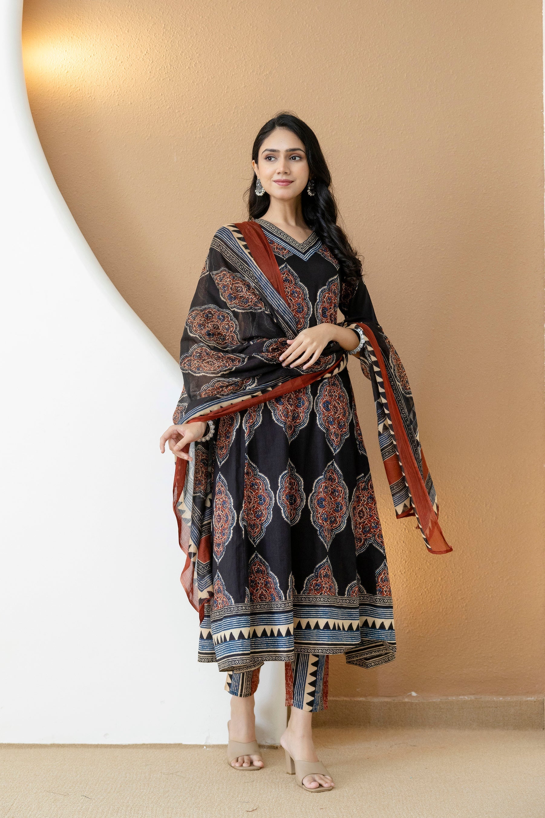 Ethnic Motif Printed Anarkali Kurta Set With Matching Pants & Dupatta, Black - Hiral Fashion | Grocsy