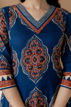 Ethnic Motif Printed Anarkali Kurta Set With Matching Pants & Dupatta, Blue - Hiral Fashion | Grocsy