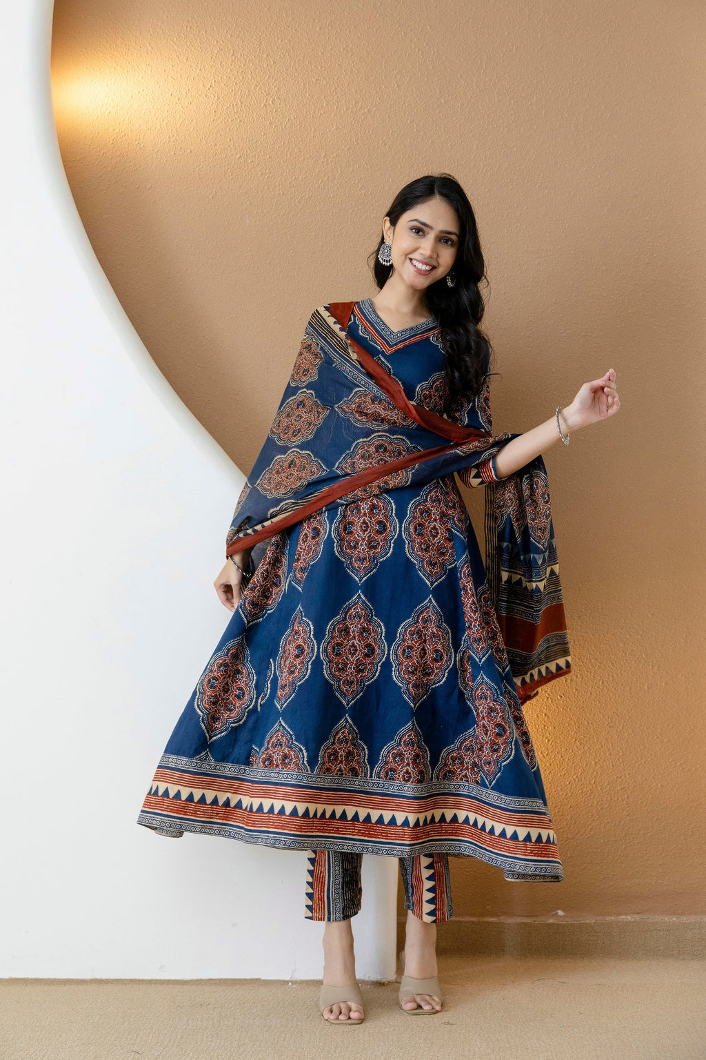 Ethnic Motif Printed Anarkali Kurta Set With Matching Pants & Dupatta, Blue - Hiral Fashion | Grocsy