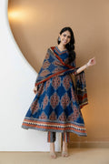 Ethnic Motif Printed Anarkali Kurta Set With Matching Pants & Dupatta, Blue - Hiral Fashion | Grocsy