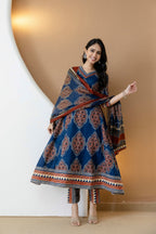 Ethnic Motif Printed Anarkali Kurta Set With Matching Pants & Dupatta, Blue - Hiral Fashion | Grocsy