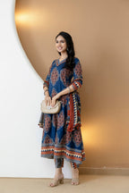 Ethnic Motif Printed Anarkali Kurta Set With Matching Pants & Dupatta, Blue - Hiral Fashion | Grocsy