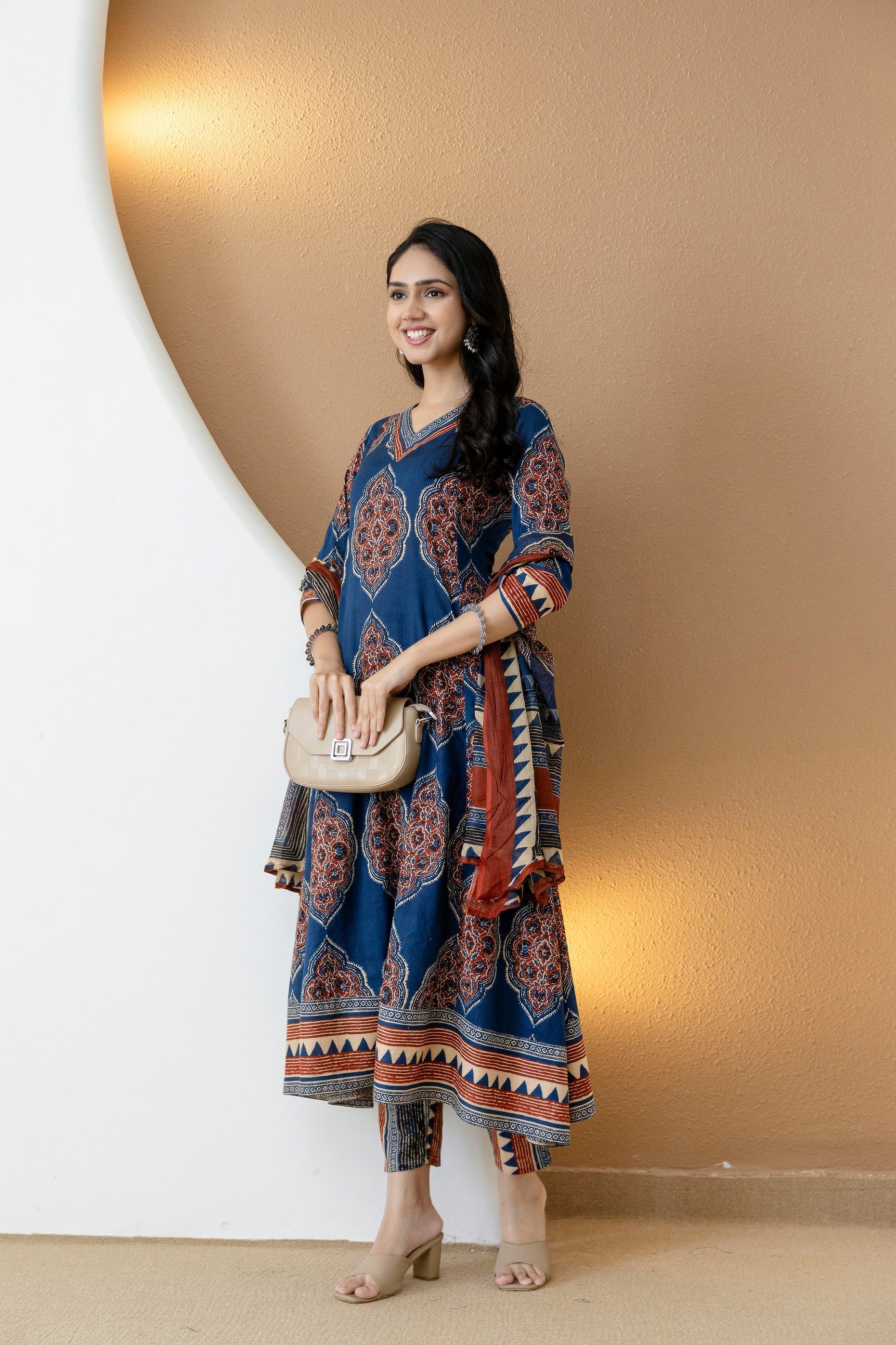 Ethnic Motif Printed Anarkali Kurta Set With Matching Pants & Dupatta, Blue - Hiral Fashion | Grocsy