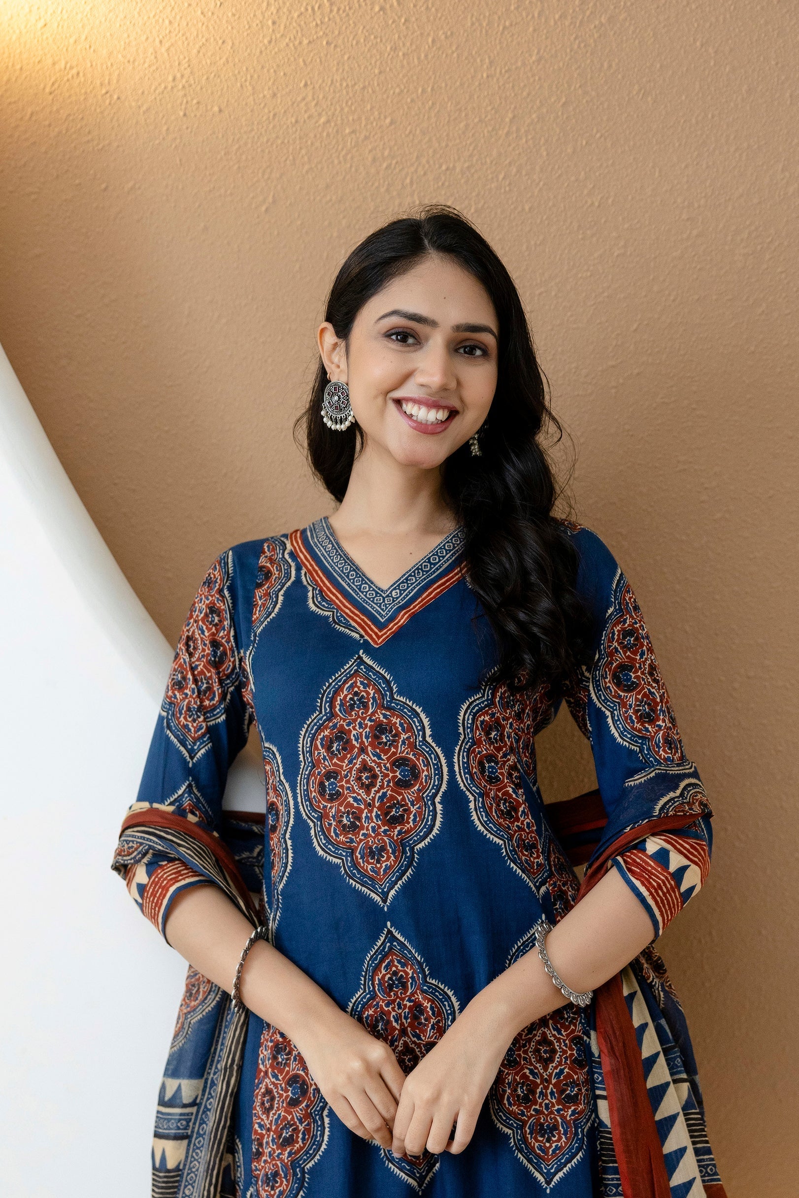 Ethnic Motif Printed Anarkali Kurta Set With Matching Pants & Dupatta, Blue - Hiral Fashion | Grocsy