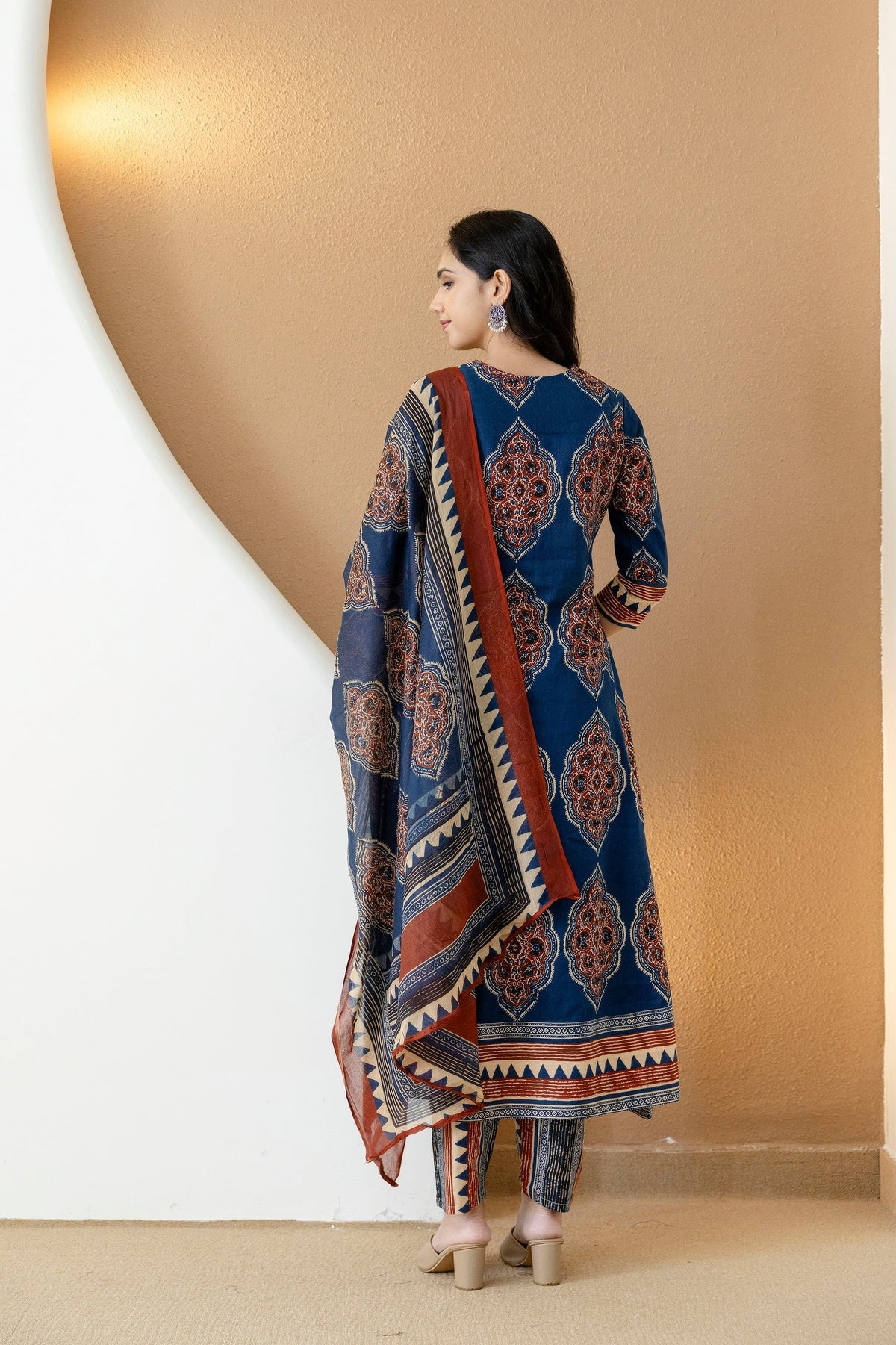 Ethnic Motif Printed Anarkali Kurta Set With Matching Pants & Dupatta, Blue - Hiral Fashion | Grocsy