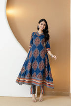 Ethnic Motif Printed Anarkali Kurta Set With Matching Pants & Dupatta, Blue - Hiral Fashion | Grocsy