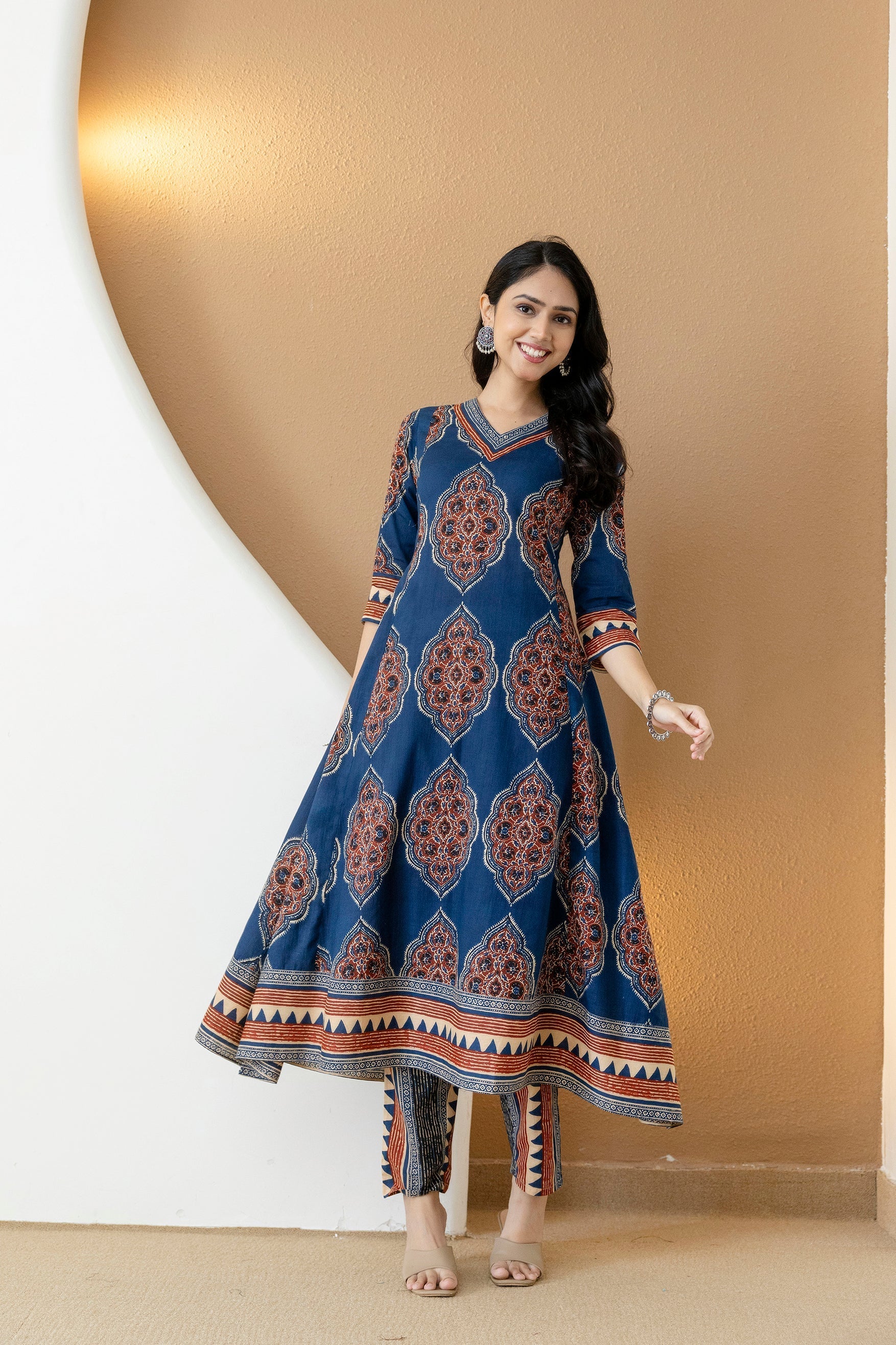 Ethnic Motif Printed Anarkali Kurta Set With Matching Pants & Dupatta, Blue - Hiral Fashion | Grocsy