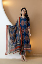 Ethnic Motif Printed Anarkali Kurta Set With Matching Pants & Dupatta, Blue - Hiral Fashion | Grocsy