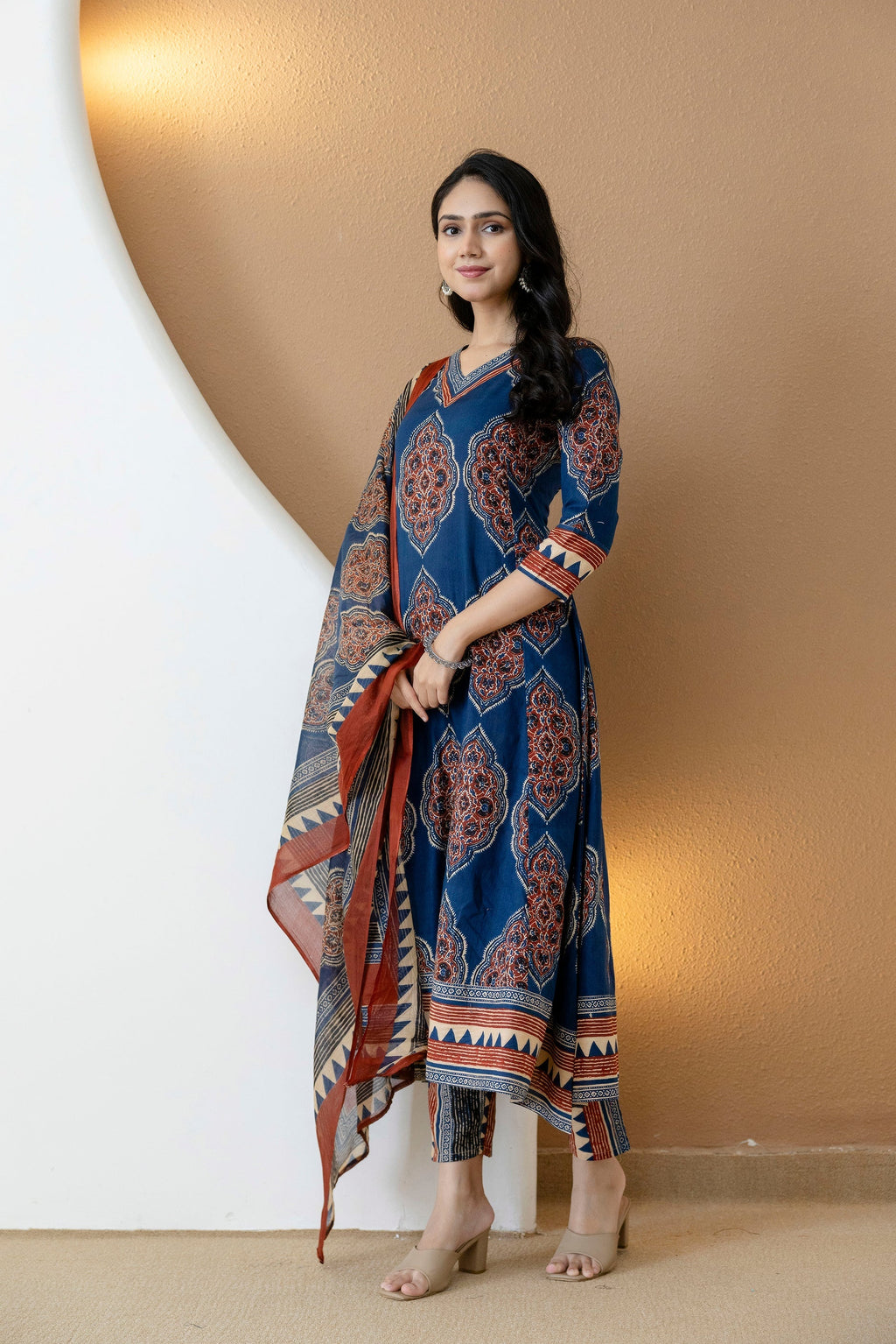 Ethnic Motif Printed Anarkali Kurta Set With Matching Pants & Dupatta, Blue - Hiral Fashion | Grocsy
