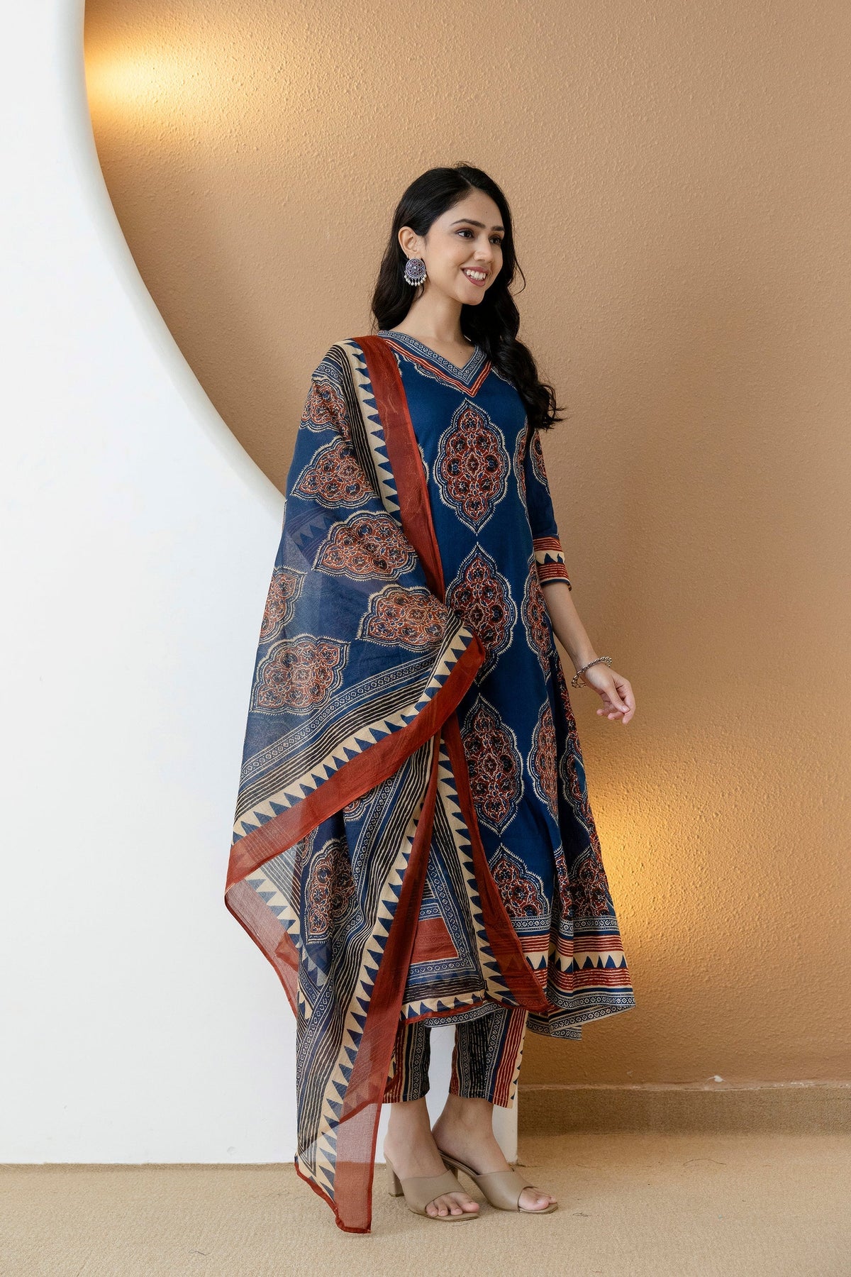 Ethnic Motif Printed Anarkali Kurta Set With Matching Pants & Dupatta, Blue - Hiral Fashion | Grocsy