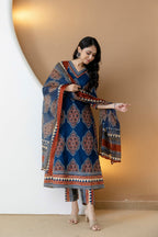 Ethnic Motif Printed Anarkali Kurta Set With Matching Pants & Dupatta, Blue - Hiral Fashion | Grocsy