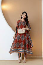 Ethnic Motif Printed Anarkali Kurta Set With Matching Pants & Dupatta, Rust - Hiral Fashion | Grocsy