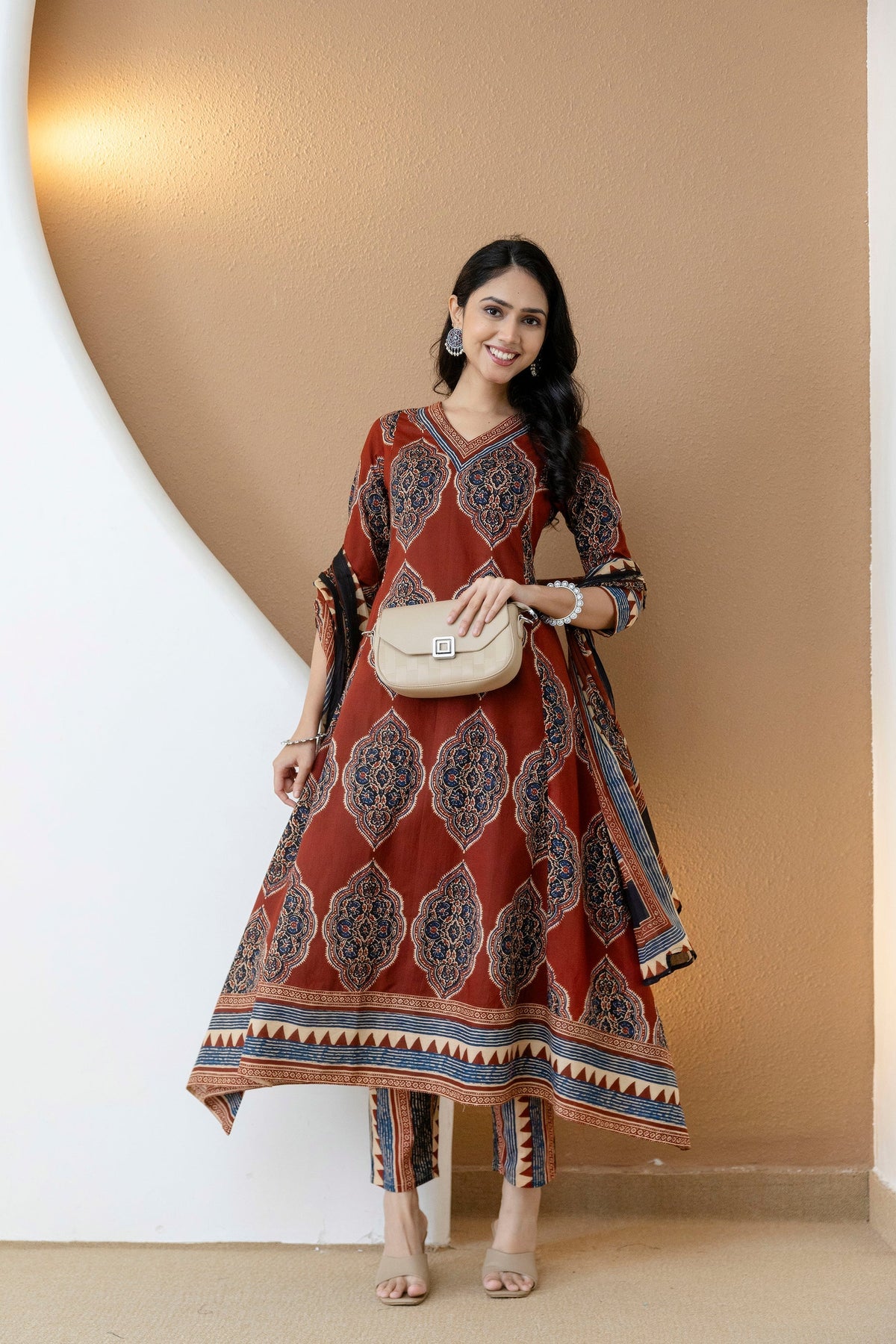 Ethnic Motif Printed Anarkali Kurta Set With Matching Pants & Dupatta, Rust - Hiral Fashion | Grocsy