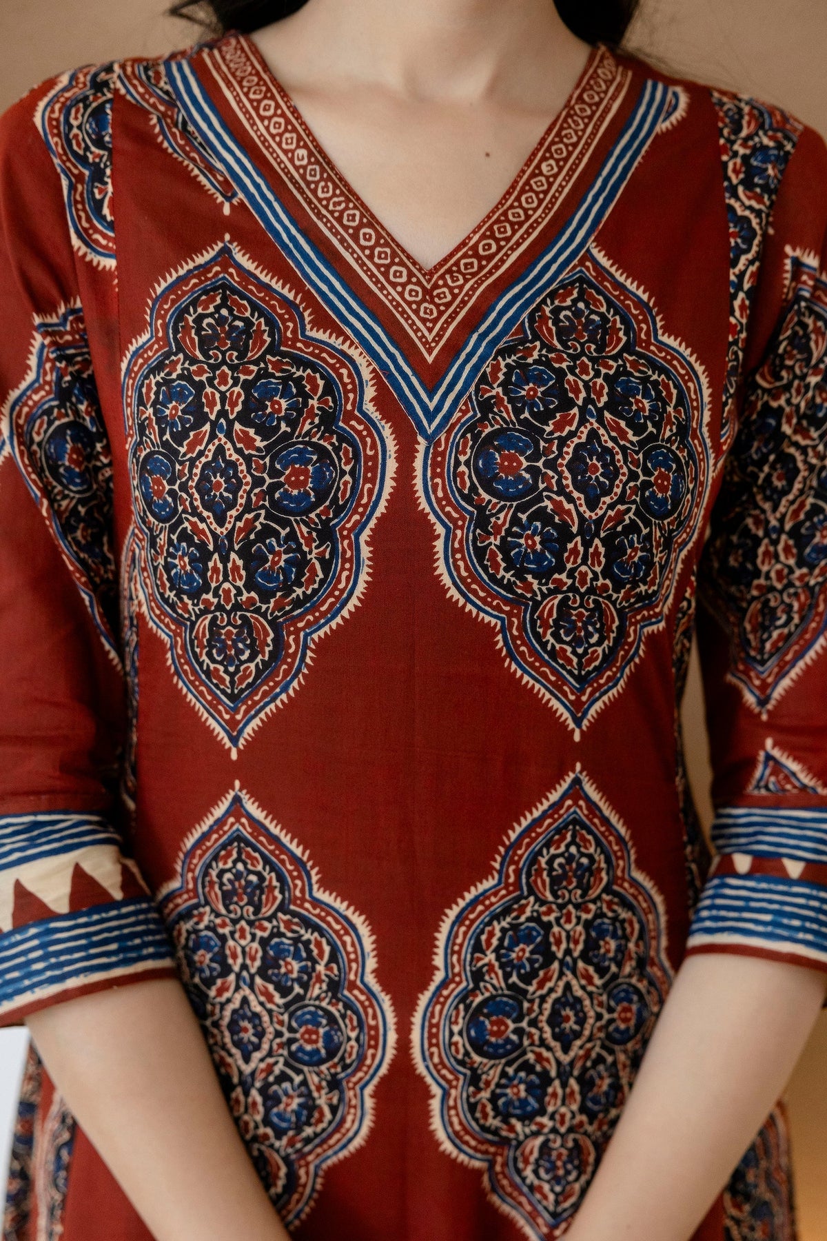 Ethnic Motif Printed Anarkali Kurta Set With Matching Pants & Dupatta, Rust - Hiral Fashion | Grocsy