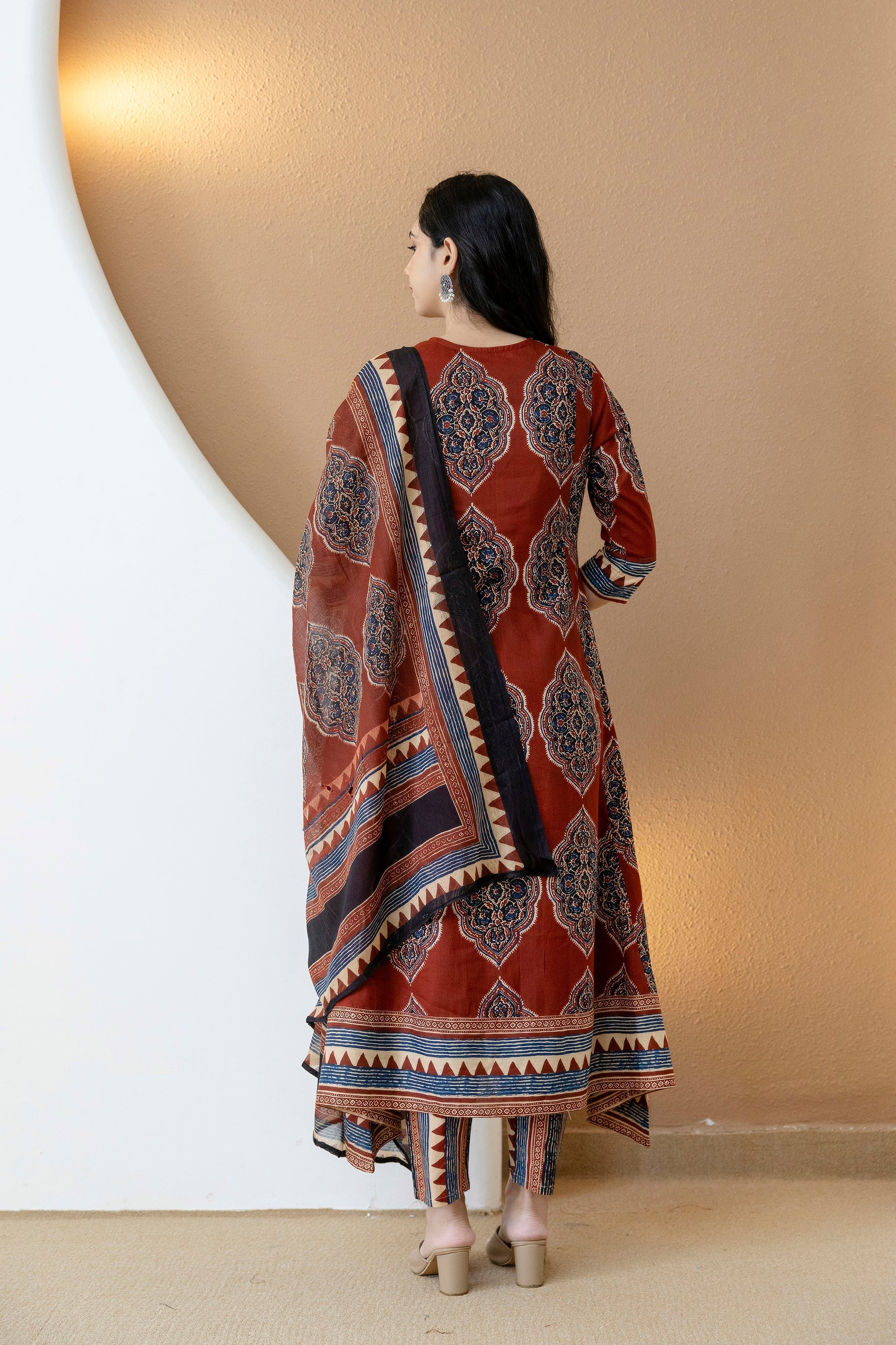 Ethnic Motif Printed Anarkali Kurta Set With Matching Pants & Dupatta, Rust - Hiral Fashion | Grocsy