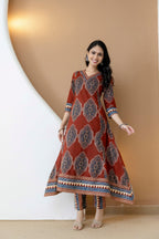Ethnic Motif Printed Anarkali Kurta Set With Matching Pants & Dupatta, Rust - Hiral Fashion | Grocsy