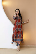 Ethnic Motif Printed Anarkali Kurta Set With Matching Pants & Dupatta, Rust - Hiral Fashion | Grocsy
