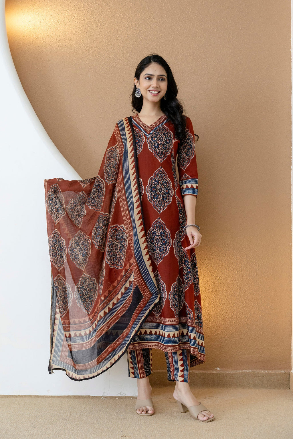Ethnic Motif Printed Anarkali Kurta Set With Matching Pants & Dupatta, Rust - Hiral Fashion | Grocsy