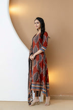 Ethnic Motif Printed Anarkali Kurta Set With Matching Pants & Dupatta, Rust - Hiral Fashion | Grocsy
