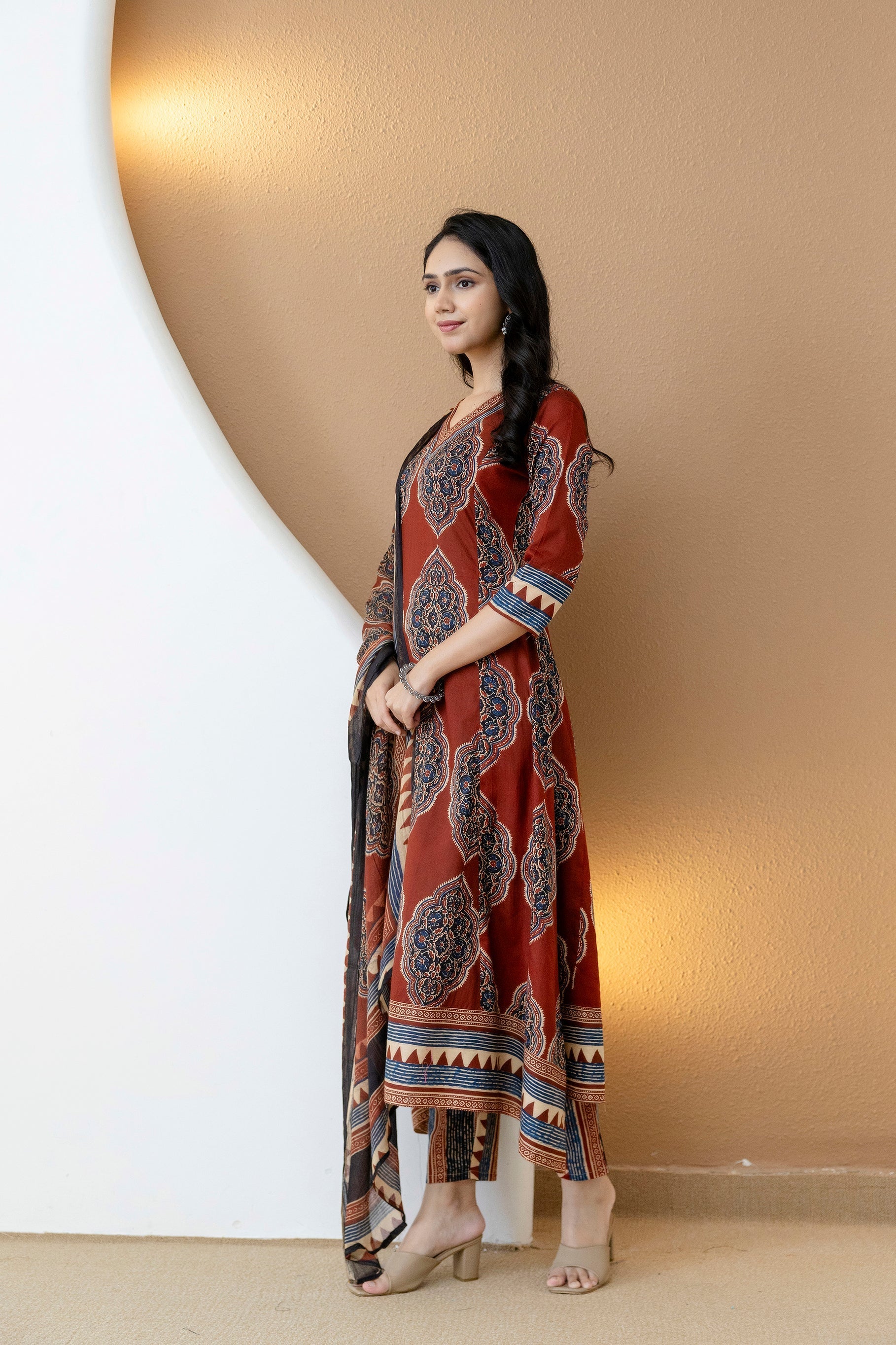 Ethnic Motif Printed Anarkali Kurta Set With Matching Pants & Dupatta, Rust - Hiral Fashion | Grocsy