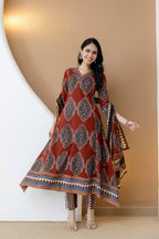 Ethnic Motif Printed Anarkali Kurta Set With Matching Pants & Dupatta, Rust - Hiral Fashion | Grocsy