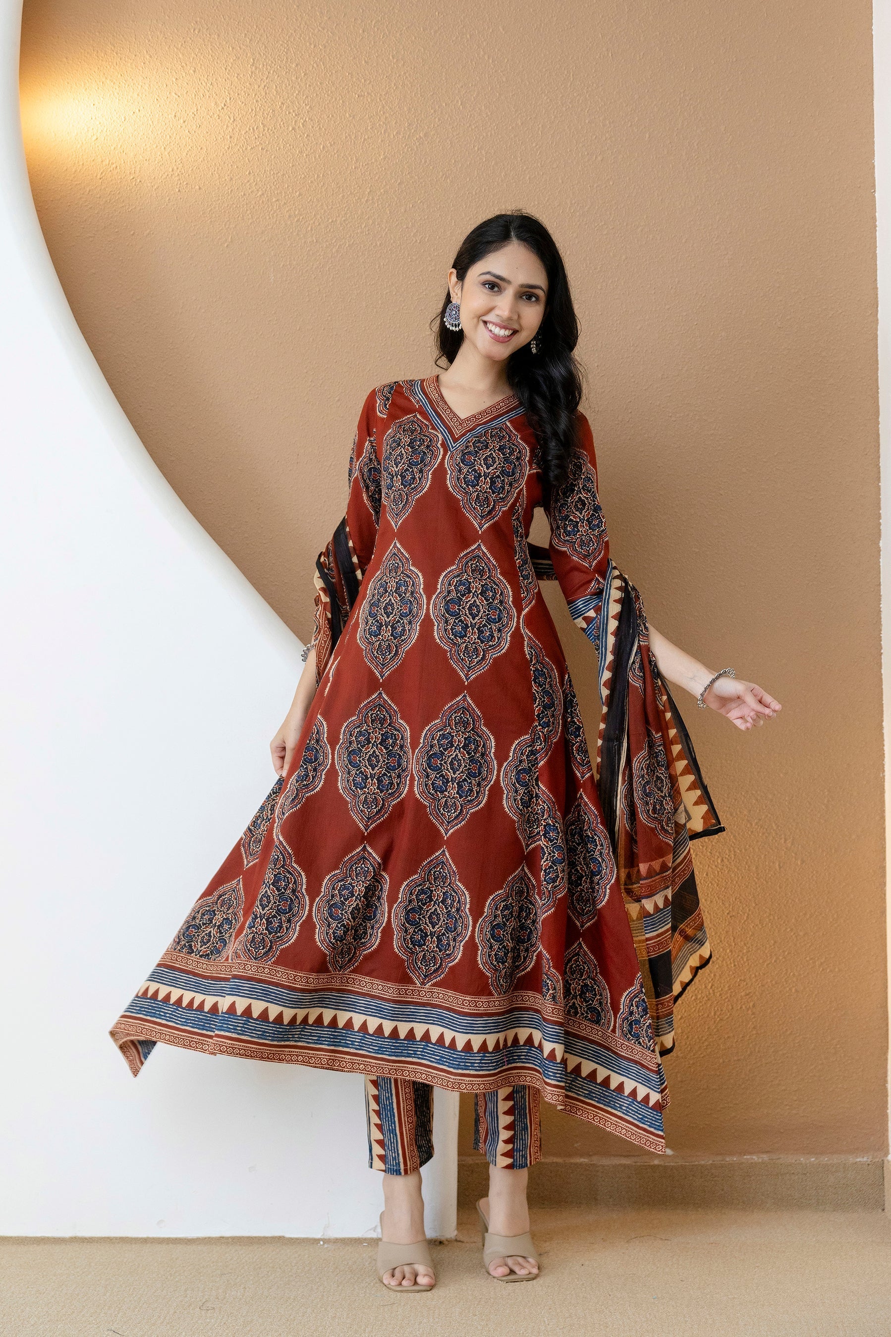 Ethnic Motif Printed Anarkali Kurta Set With Matching Pants & Dupatta, Rust - Hiral Fashion | Grocsy
