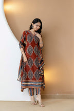 Ethnic Motif Printed Anarkali Kurta Set With Matching Pants & Dupatta, Rust - Hiral Fashion | Grocsy