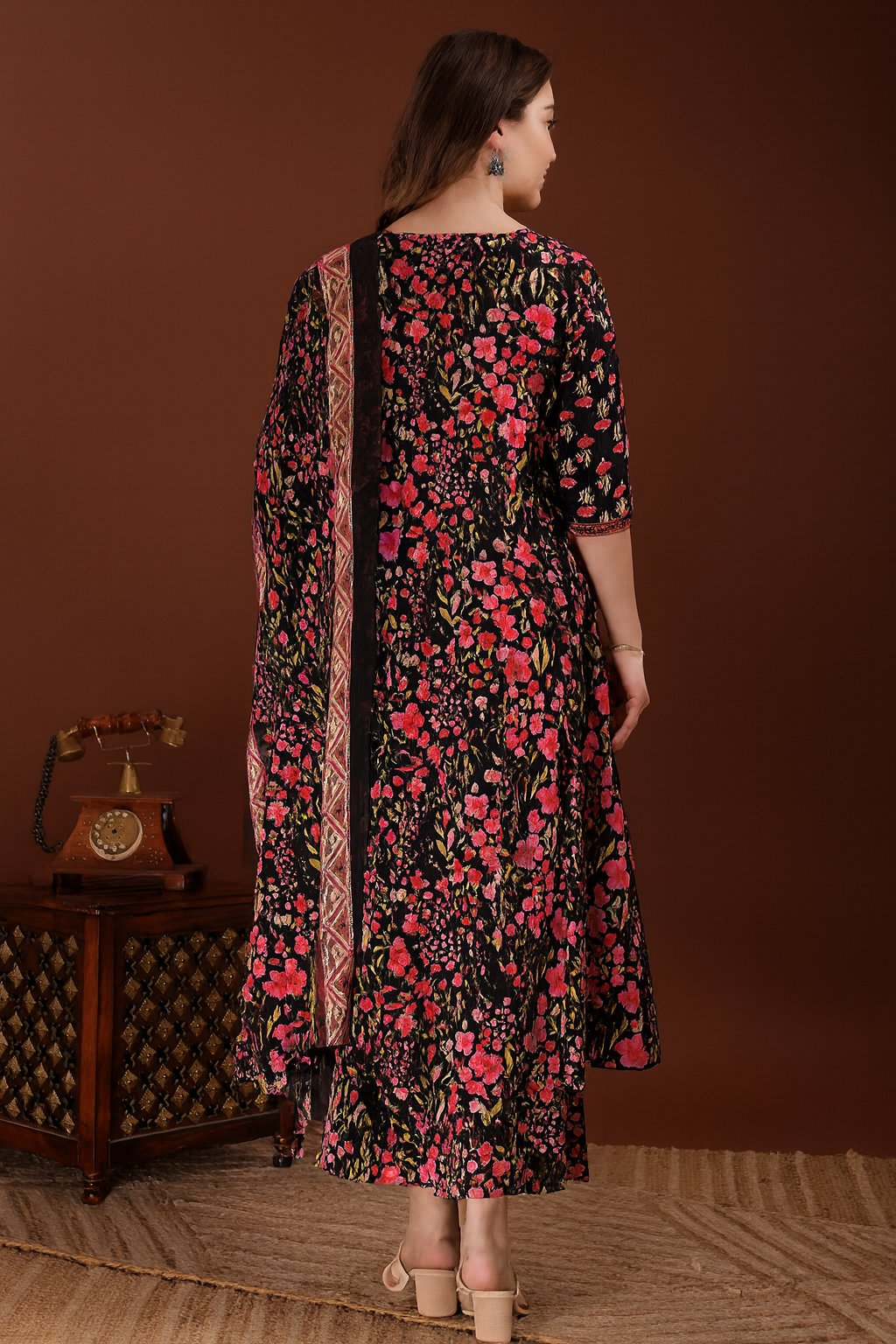 Embroidered & Floral Printed Kurta With Palazzo & Printed Dupatta, Black - Hiral Fashion | Grocsy
