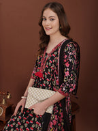 Embroidered & Floral Printed Kurta With Palazzo & Printed Dupatta, Black - Hiral Fashion | Grocsy