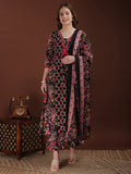 Embroidered & Floral Printed Kurta With Palazzo & Printed Dupatta, Black - Hiral Fashion | Grocsy