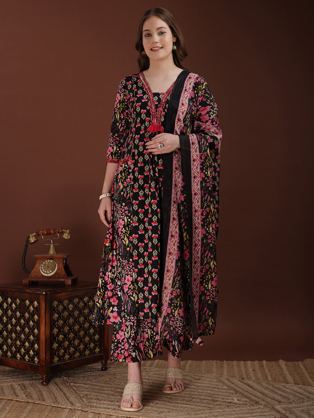 Embroidered & Floral Printed Kurta With Palazzo & Printed Dupatta, Black - Hiral Fashion | Grocsy